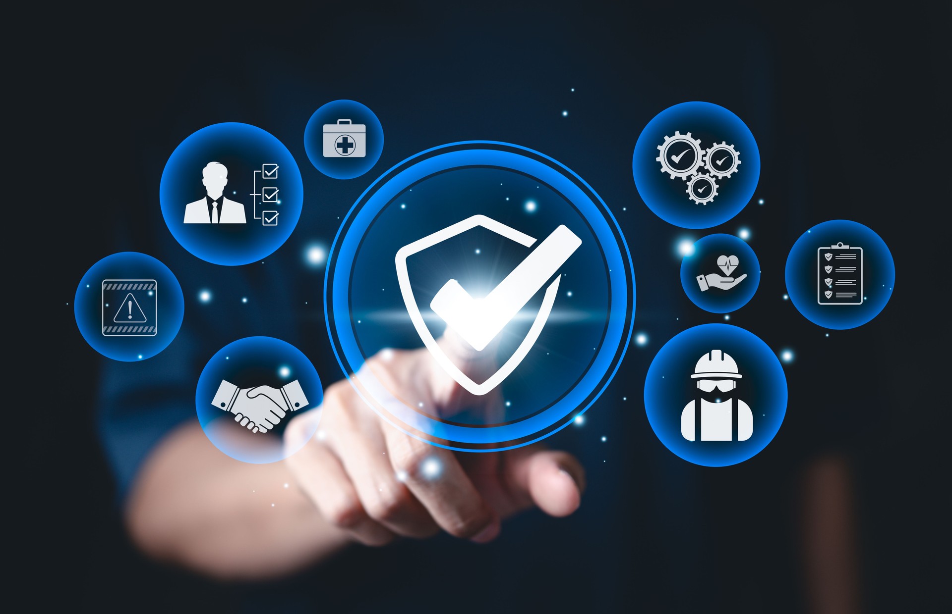 Work Safety and Compliance Concept, Safety First, A person with work safety and compliance icons, including a shield, hard hat, checklist, workplace safety, health protocols, and regulatory compliance