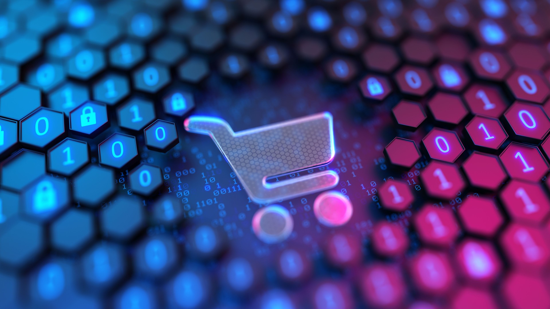 Shopping cart sign and binary code background. Promotion for digital sales and online shopping. 3d rendering